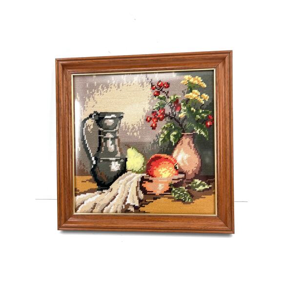 Framed needlepoint tapestry depicting a still-life scene. - Picture 6 of 6
